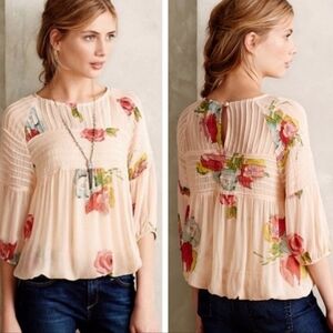 Anthropologie Boho Top One Fine Day Tea Rose Floral Sheer Pleated Pin Tucked S